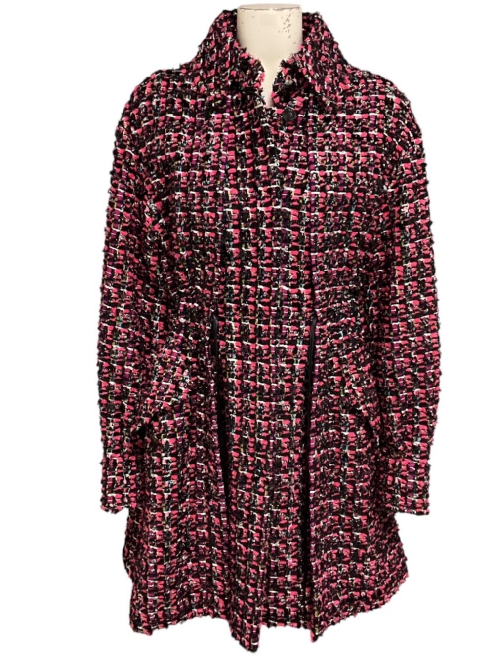 Chanel Pink / Black Multi Silk Lined Wool Tweed Coat with CC Logo Globe Buttons
